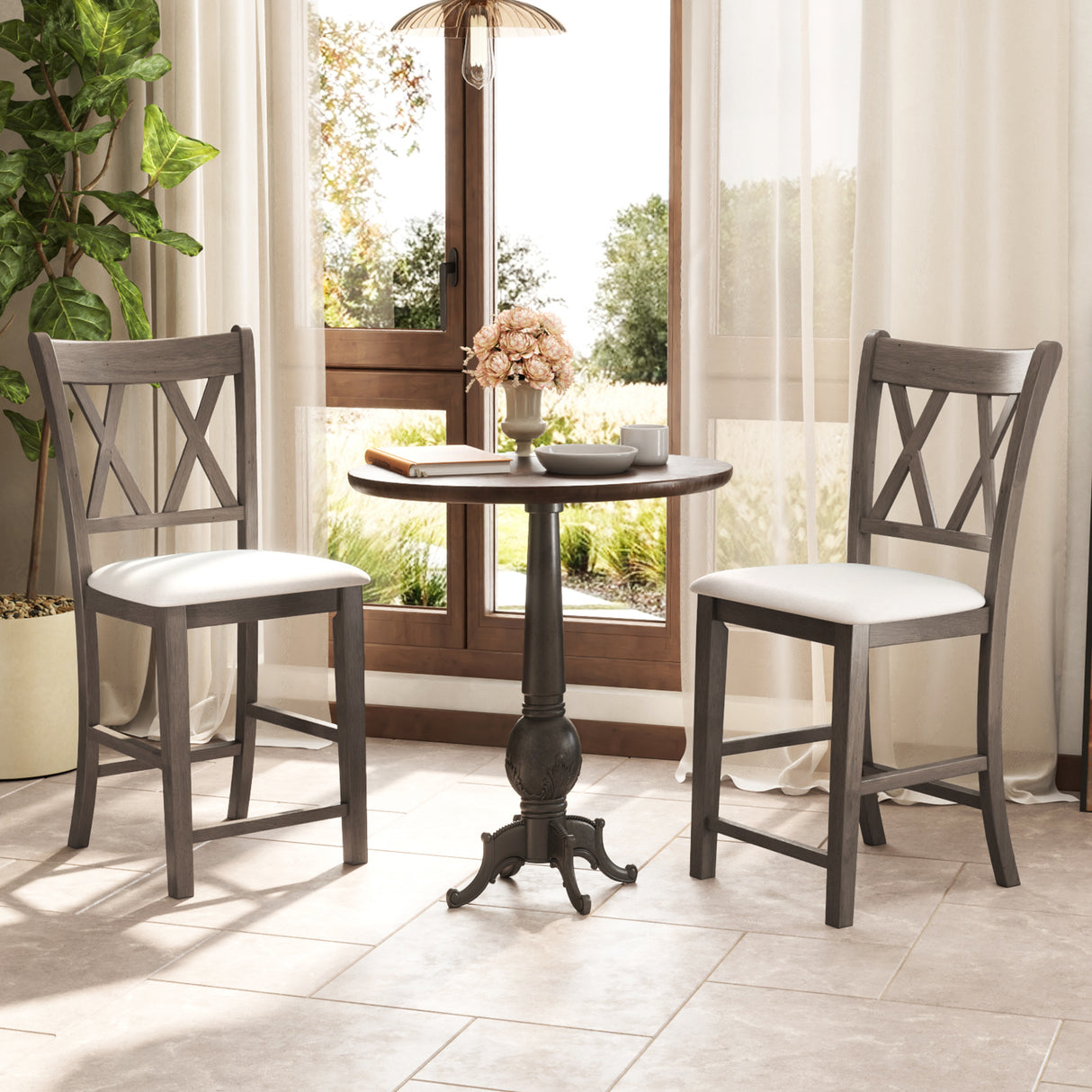 Set of 2 Bar Stools with Cross Back and Linen Fabric Upholstered Seat-Beige