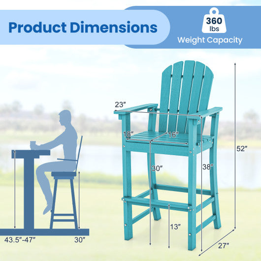 Set of 2 Counter Height Outdoor HDPE Bar Stool with Armrests and Footrest-Turquoise