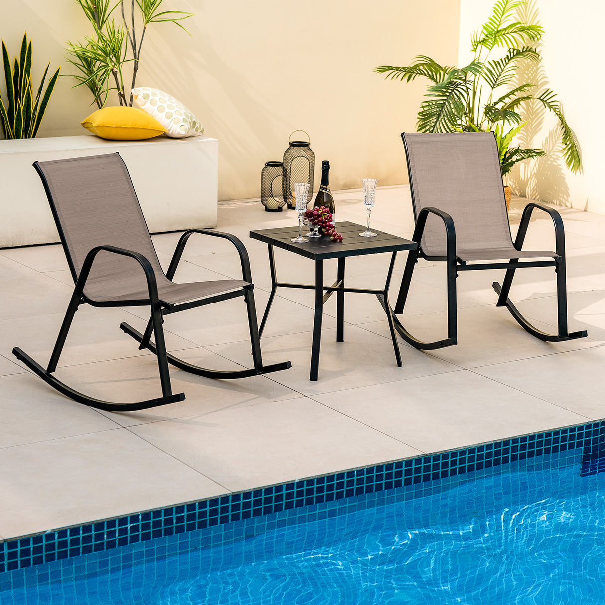Set of 2 Heavy-Duty Metal Patio Rocking Chair with Breathable Seat Fabric-Brown