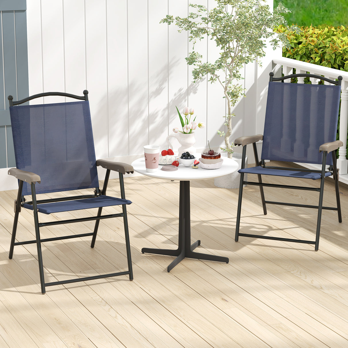 Set of 2 Patio Folding Sling Back Camping Deck Chairs-Navy