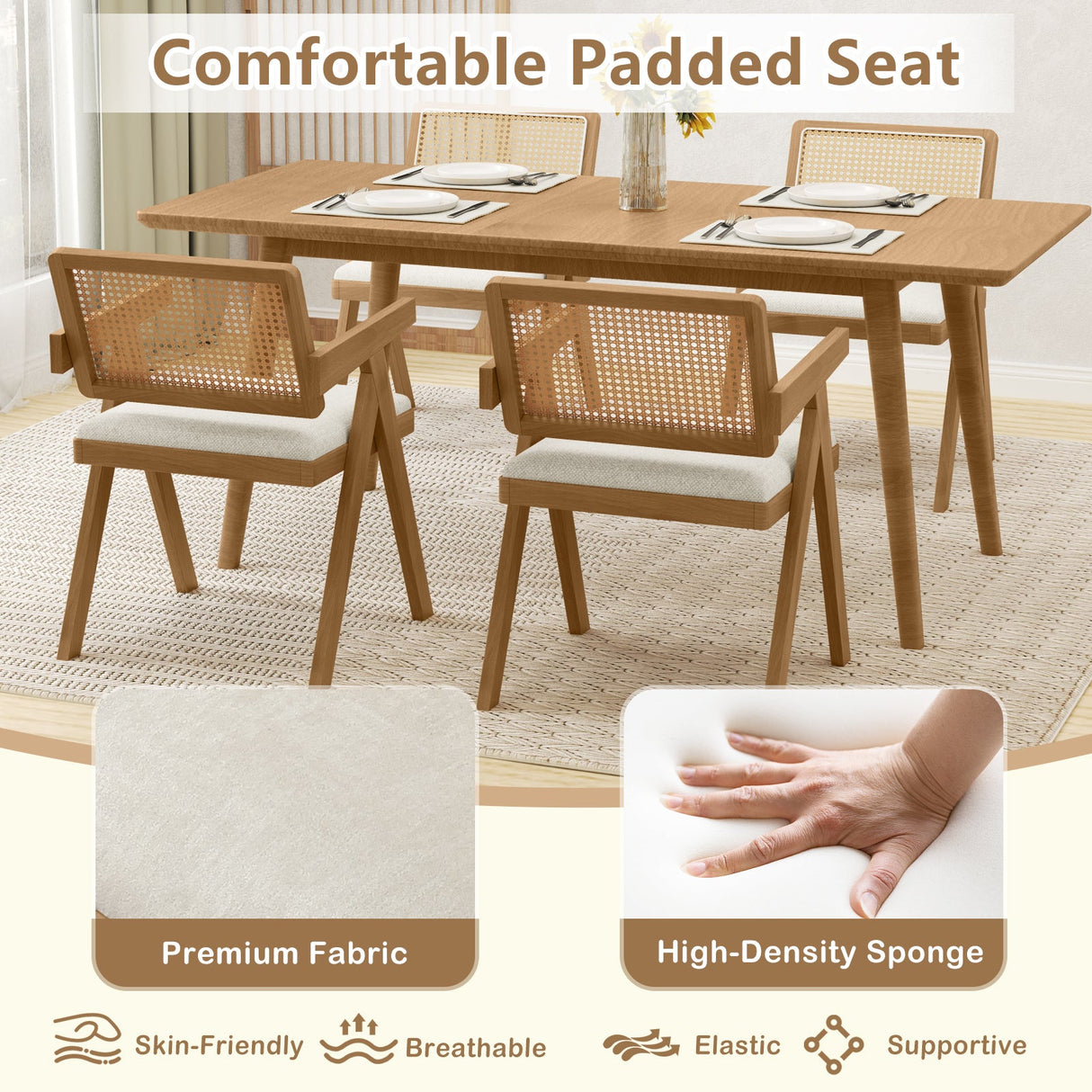 Set of 2 Rattan Accent Chairs with Padded Cushion and Rubber Wood Frame-Beige