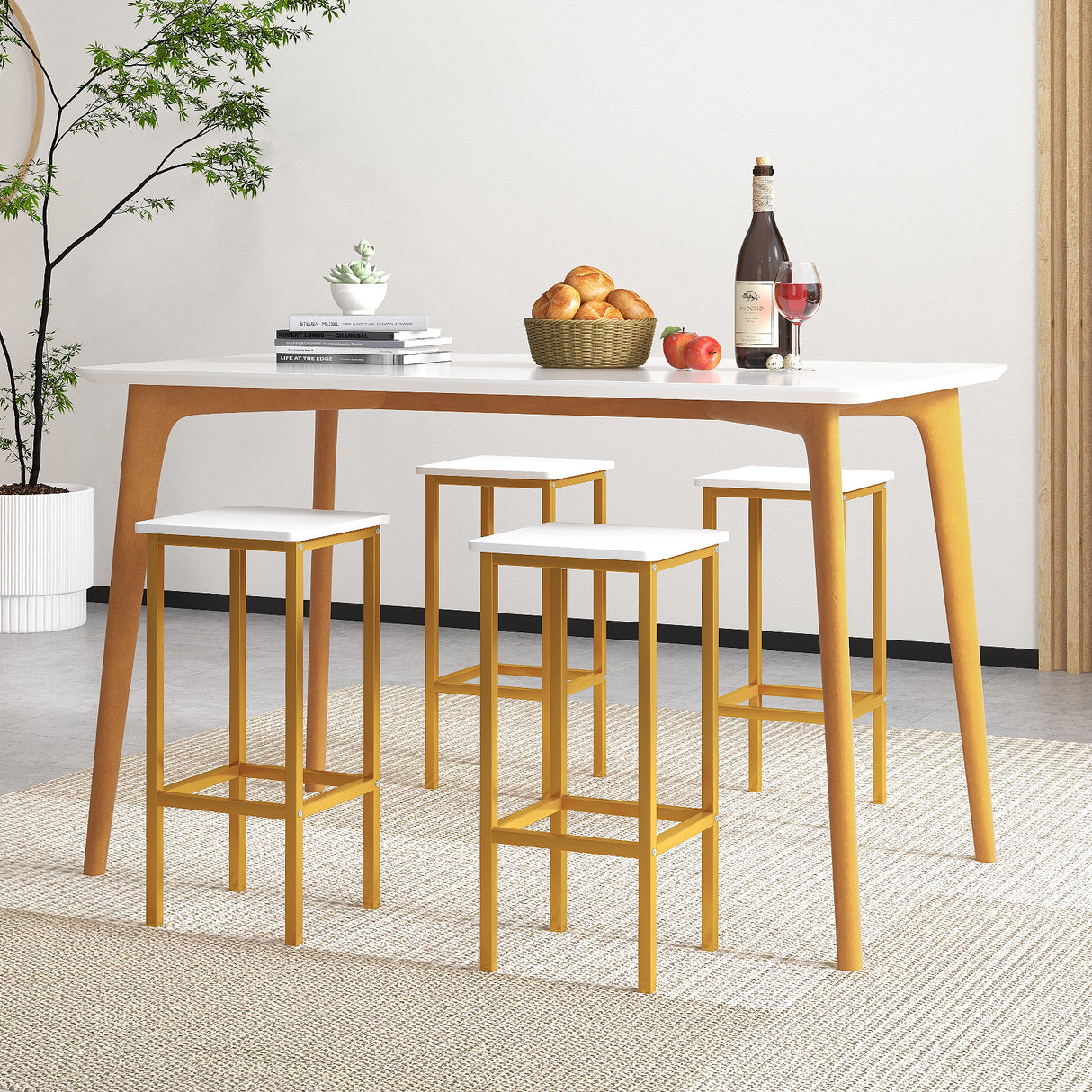 Set of 4 Bar Stool Set 26 Inch Bar Chair with Metal Legs and Footrest-White