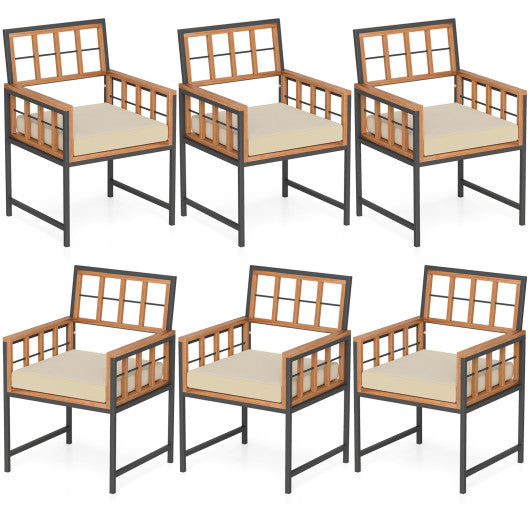 Set of 6 Patio Dining Chairs Acacia Wood Armchairs with Cushions