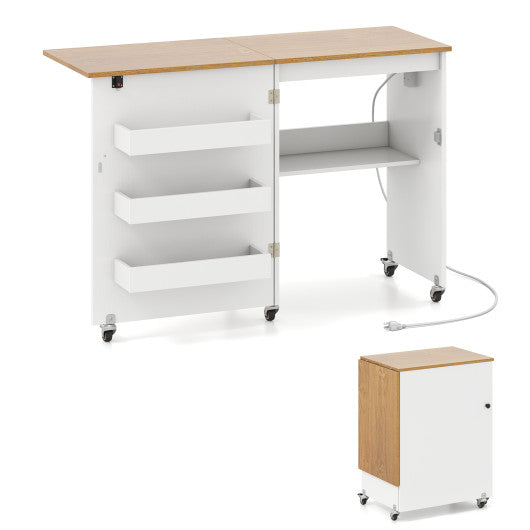 Sewing Machine Table with Charging Station and Lockable Casters-Natural and White