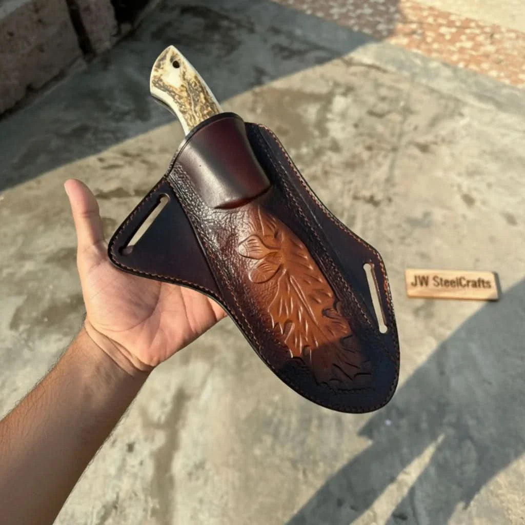 Stag Handle Hunting Knife β Stainless Steel or Damascus Blade | Leather Sheath | JW SteelCrafts