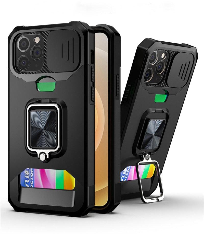 Shockproof Camera Cover & Kickstand Heavy Duty Protective Case Suitable For iPhone 14 Pro Max Card Push Anti-fall Mobile Phone Case iPhone 13 12 11 Pro Max Ring Protective Cover