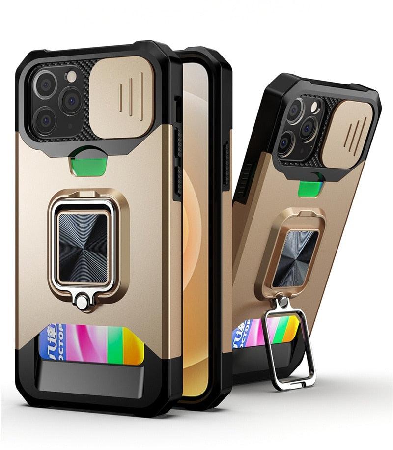 Shockproof Camera Cover & Kickstand Heavy Duty Protective Case Suitable For iPhone 14 Pro Max Card Push Anti-fall Mobile Phone Case iPhone 13 12 11 Pro Max Ring Protective Cover