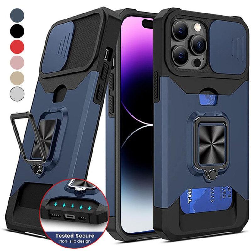 Shockproof Camera Cover & Kickstand Heavy Duty Protective Case Suitable For iPhone 14 Pro Max Card Push Anti-fall Mobile Phone Case iPhone 13 12 11 Pro Max Ring Protective Cover