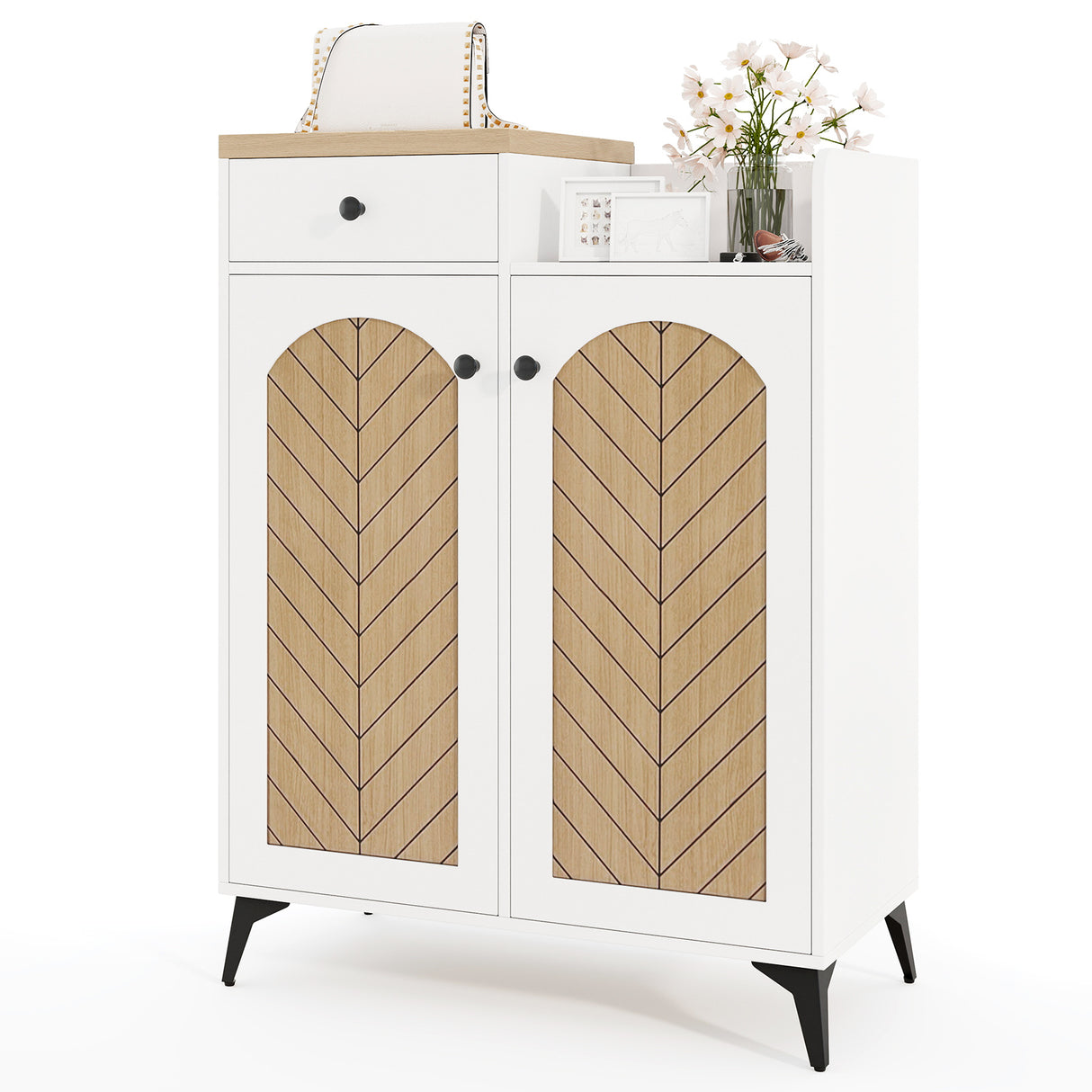 2-Door Shoe Rack Organizer with Drawer and 6 Removable Shelves-White