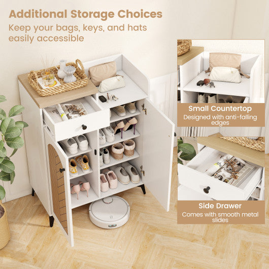 2-Door Shoe Rack Organizer with Drawer and 6 Removable Shelves-White