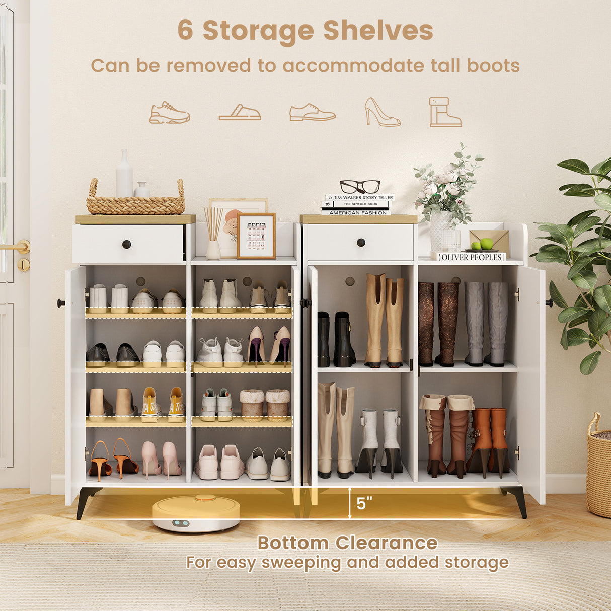 2-Door Shoe Rack Organizer with Drawer and 6 Removable Shelves-White