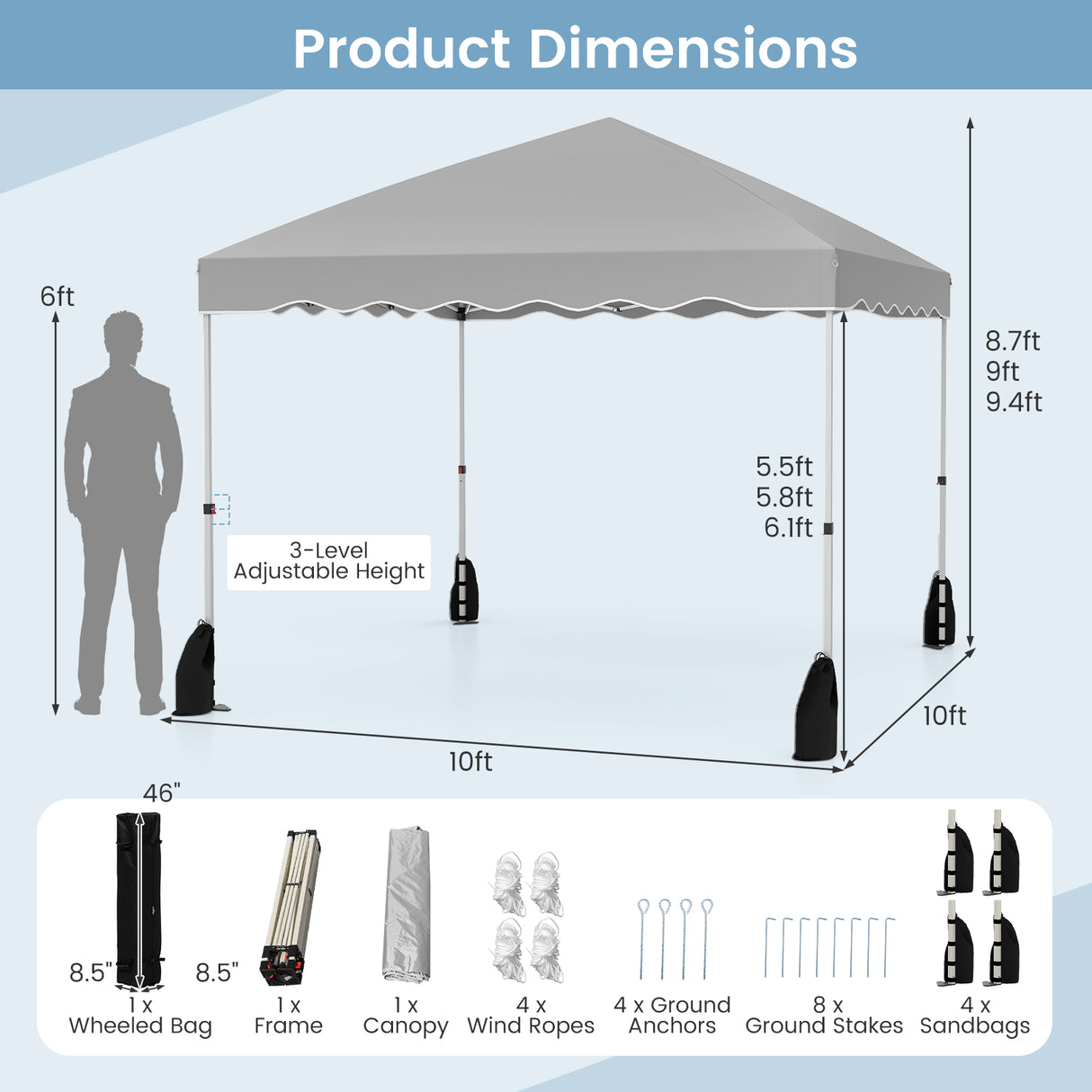 Foldable 10 X 10 Feet Pop up Canopy Tent with Wheeled Bag-Gray
