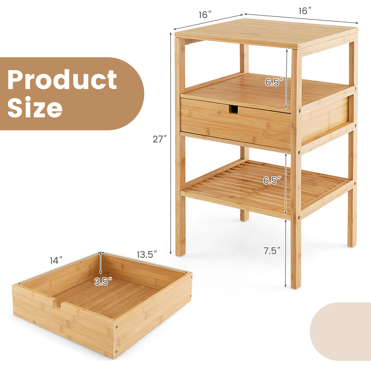 Bamboo Nightstand with Storage Drawer and Slatted Shelf-1 Piece