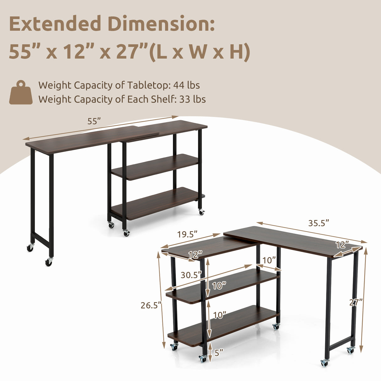 Patented 360 ° Rotating Sofa Side Table with 2-Tier Storage Shelves-Walnut