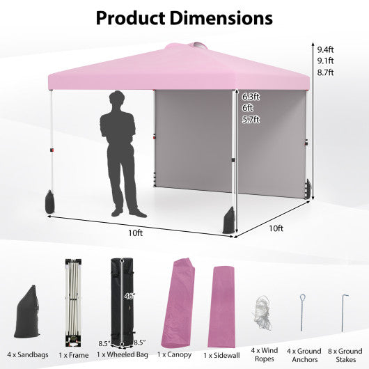 10 X 10 FT Pop up Canopy Tent with 1 Sidewall and Wheeled Bag-Pink