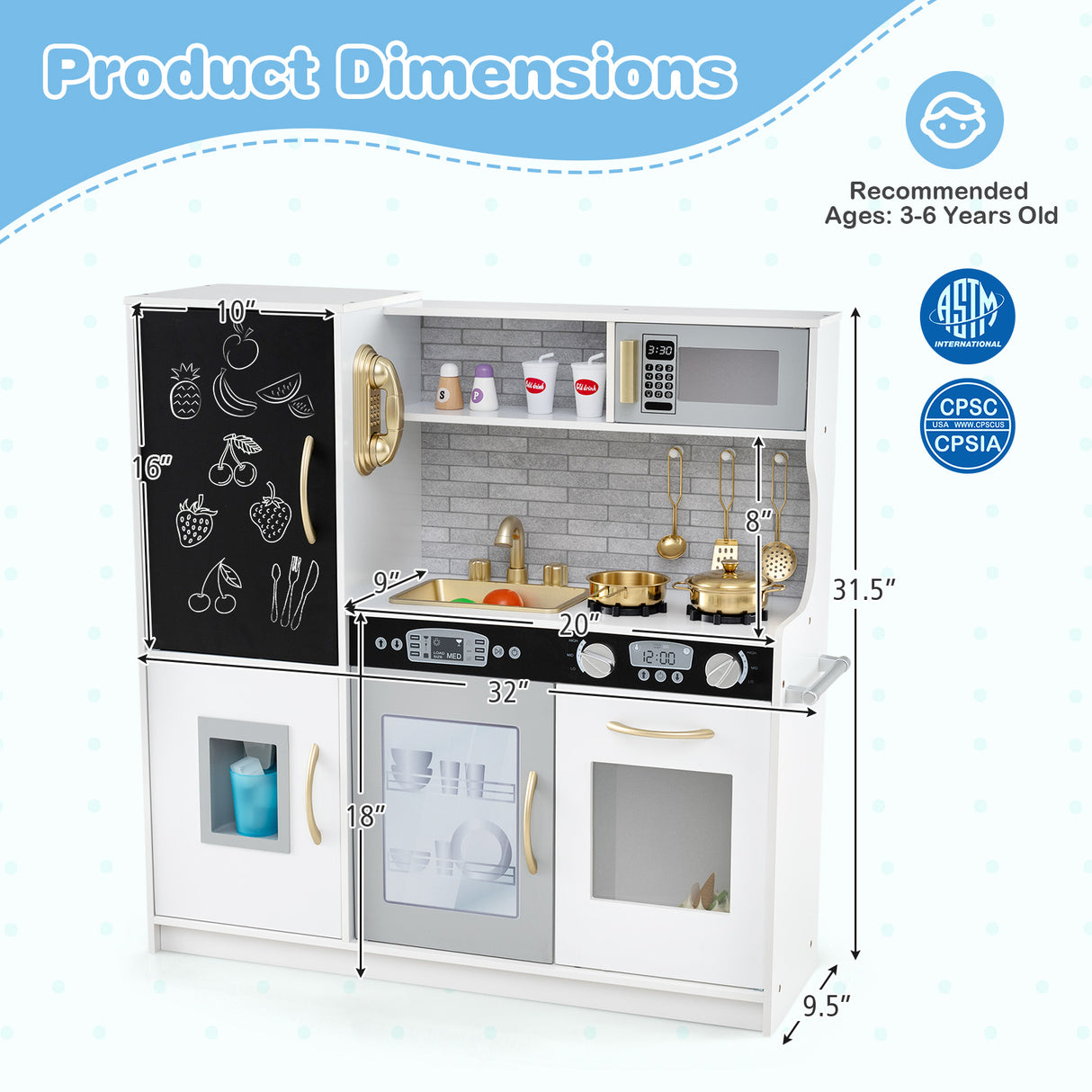 Toddler Pretend Play Kitchen for Boys and Girls 3-6 Years Old-White & Golden