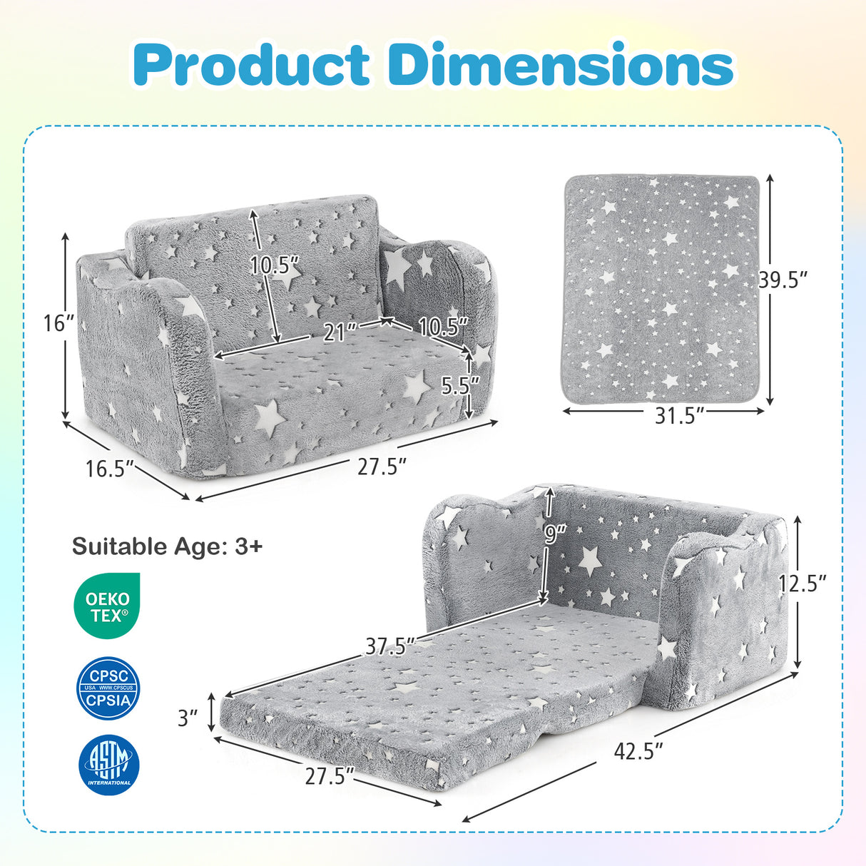 2-in-1 Folding Kids Couch with Blanket Glow in the Dark-Gray