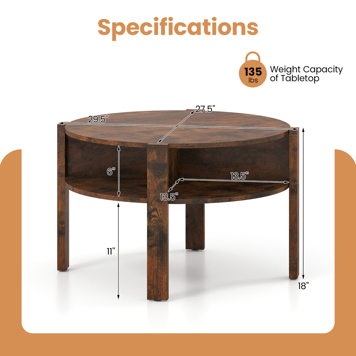 29.5 Inch Round Coffee Table with Storage Shelves for Small Space-Rustic Brown
