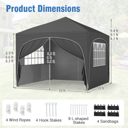 10 X 10 FT Pop up Canopy Tent with 4 Removable Sidewall-Gray