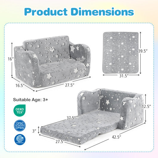 2-in-1 Folding Kids Couch with Blanket Glow in the Dark-Gray