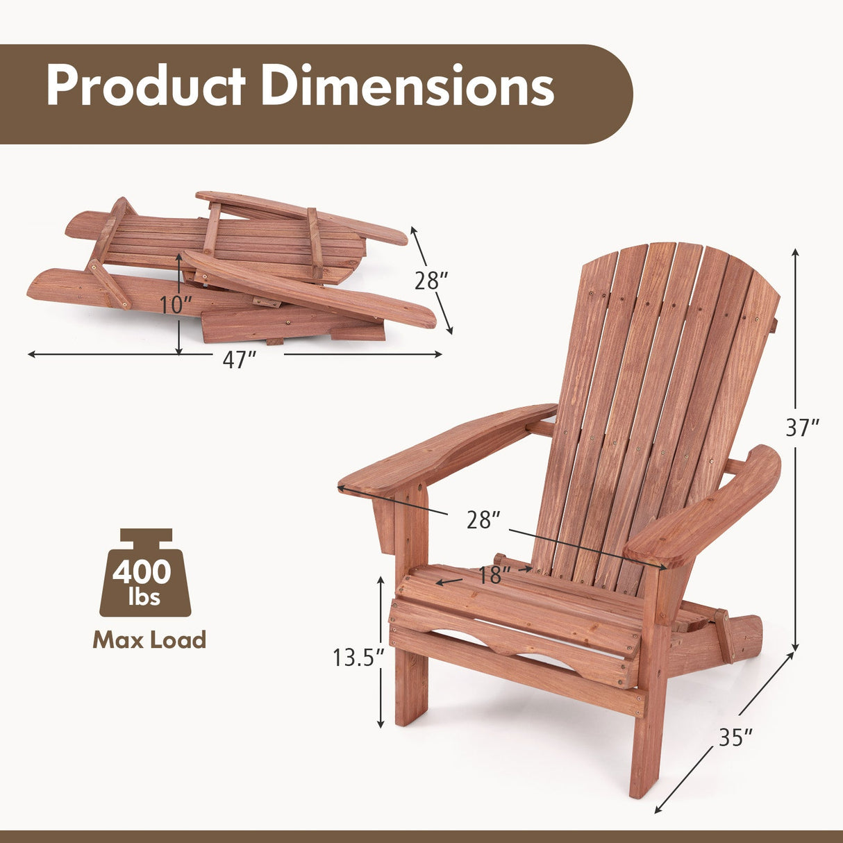 1 Piece Folding Adirondack Chair with High Backrest and Wide Armrests-Brown by DirectDeals