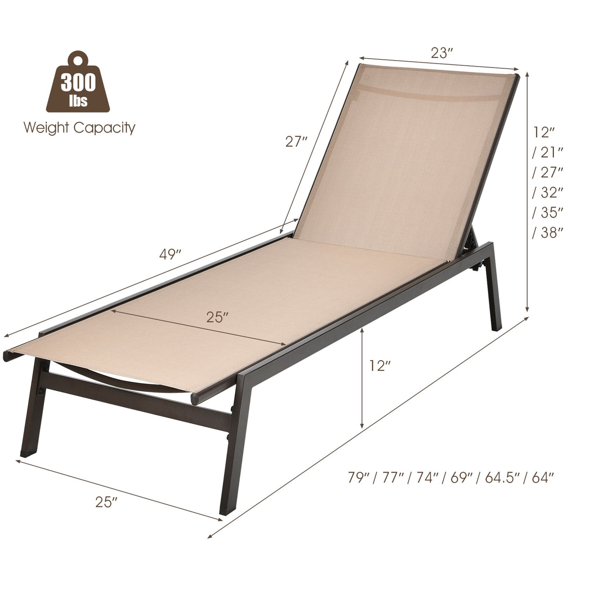 Outdoor Reclining Chaise Lounge Chair with 6-Position Adjustable Back-Black