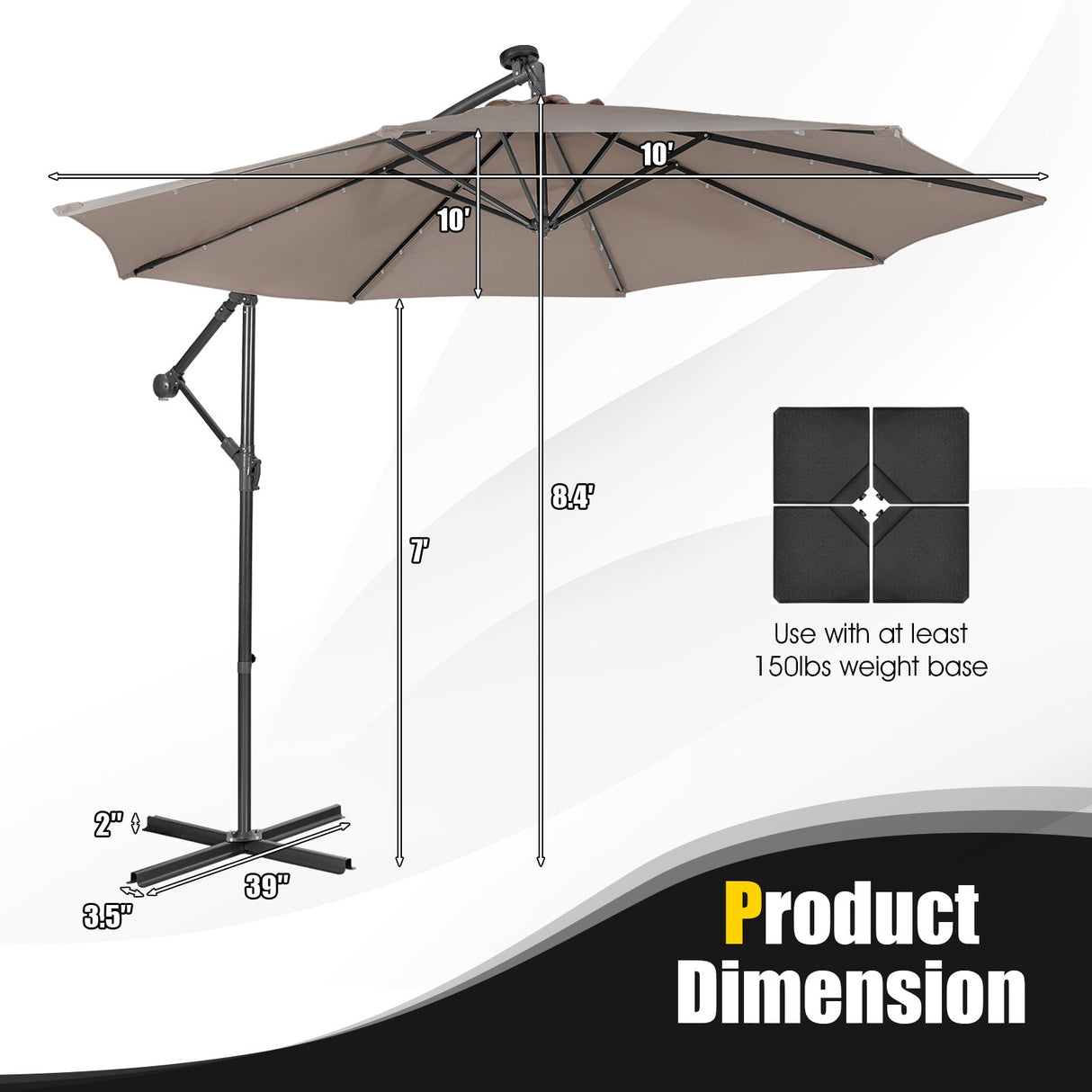 10 Feet Patio Solar Powered Cantilever Umbrella with Tilting System-Beige