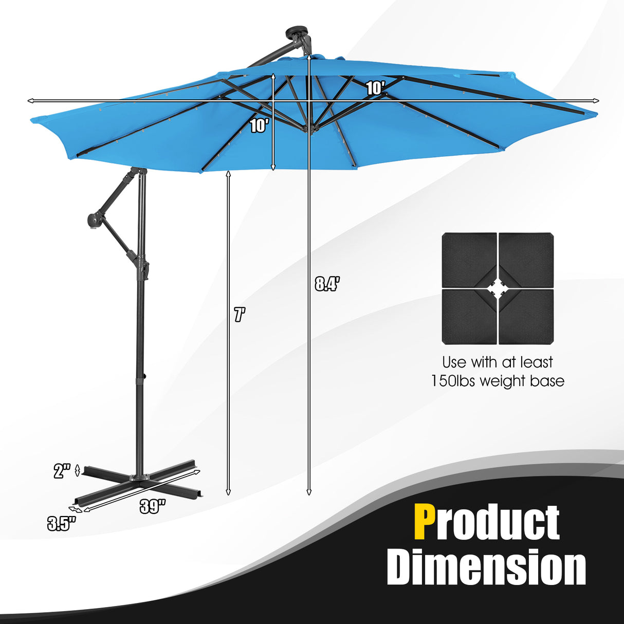 10 Feet Patio Solar Powered Cantilever Umbrella with Tilting System-Beige
