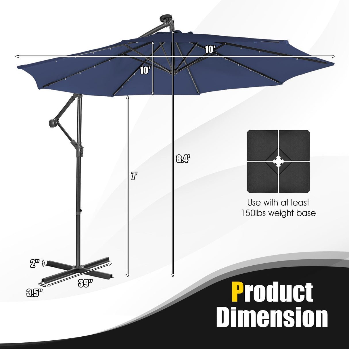 10 Feet Patio Solar Powered Cantilever Umbrella with Tilting System-Navy by DirectDeals