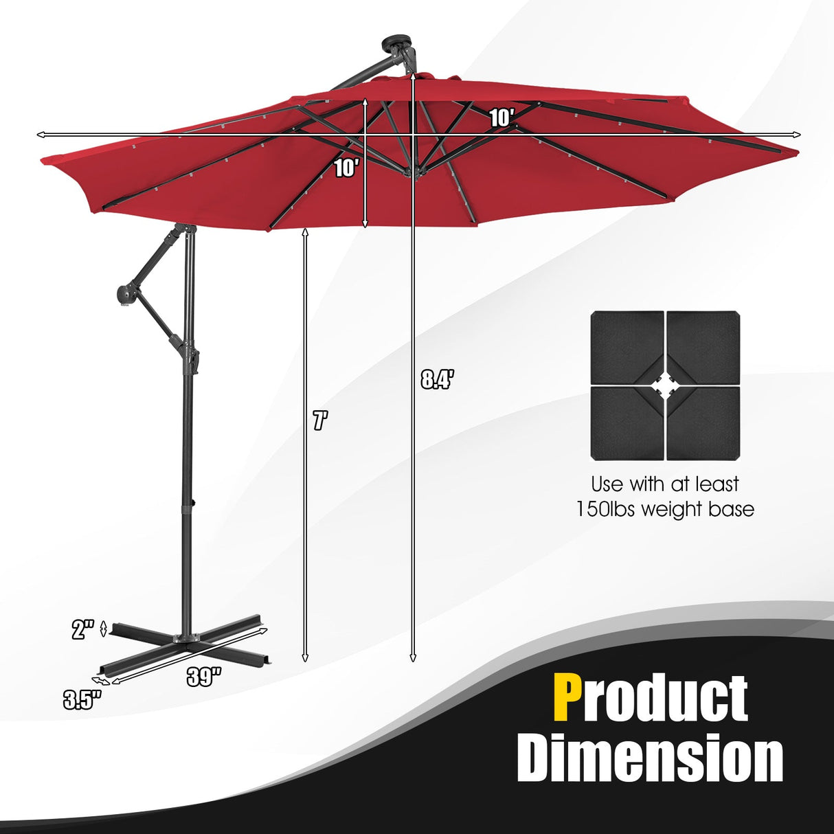 10 Feet Patio Solar Powered Cantilever Umbrella with Tilting System-Beige