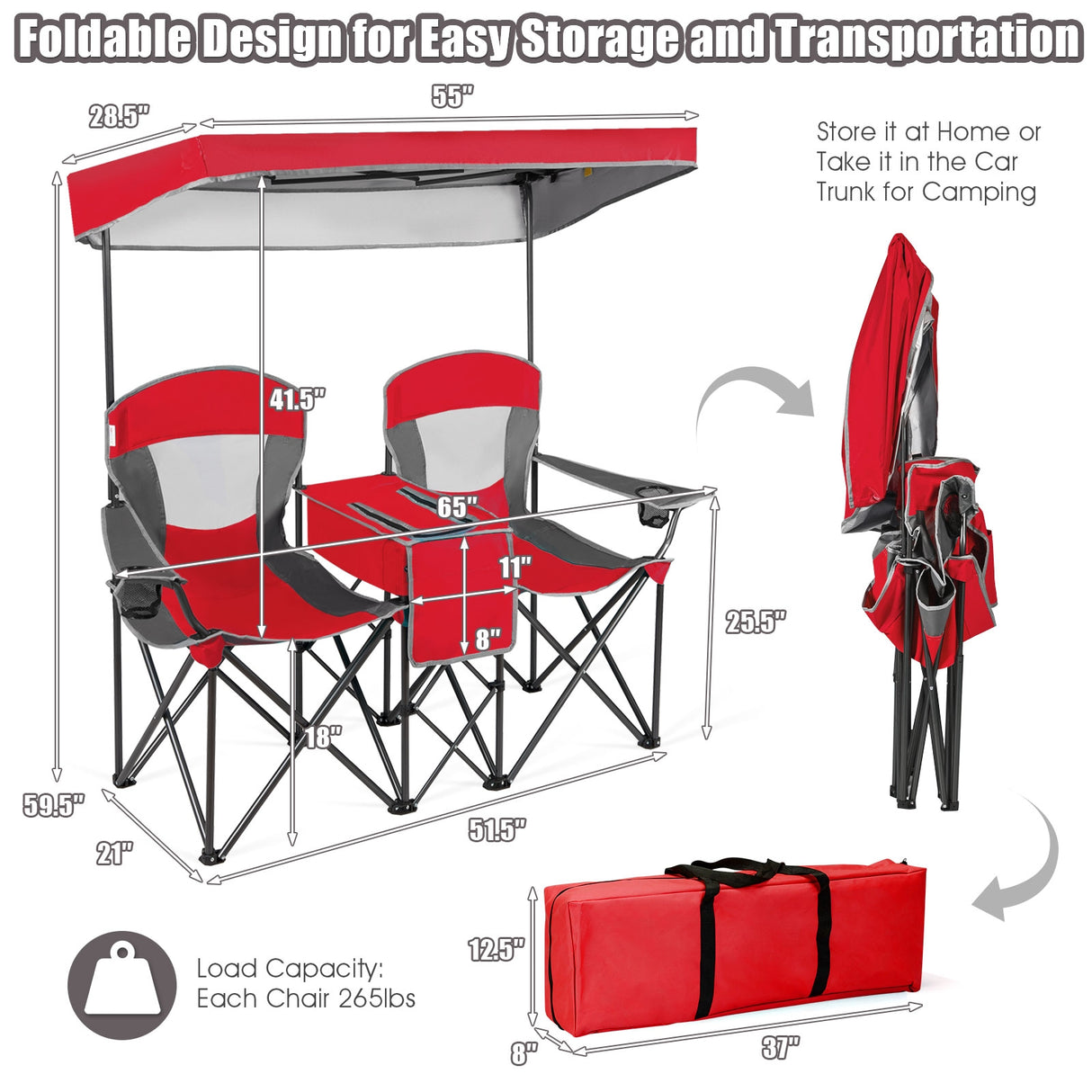 Patented Portable Folding Camping Canopy Chairs with Cup Holder-Blue