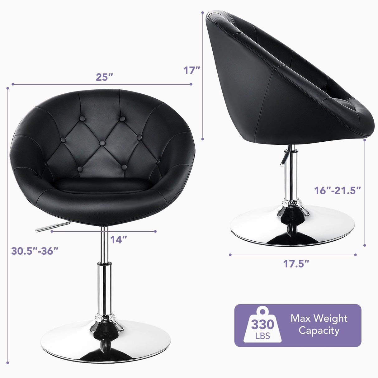 1 Piece Modern Adjustable Swivel Round PU Leather Chair-Black by DirectDeals