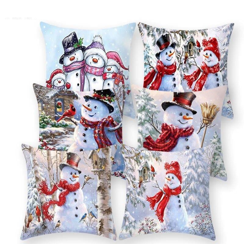 Snowman Christmas Cushion Cover Polyester Decorative Christmas Pillow Cover Merry Christmas Throw Cushion Covers Tree Reindeer Star Pillow Case For Party Throw Pillow New Year Xmas Decor Sofa Living Room Home Decoration
