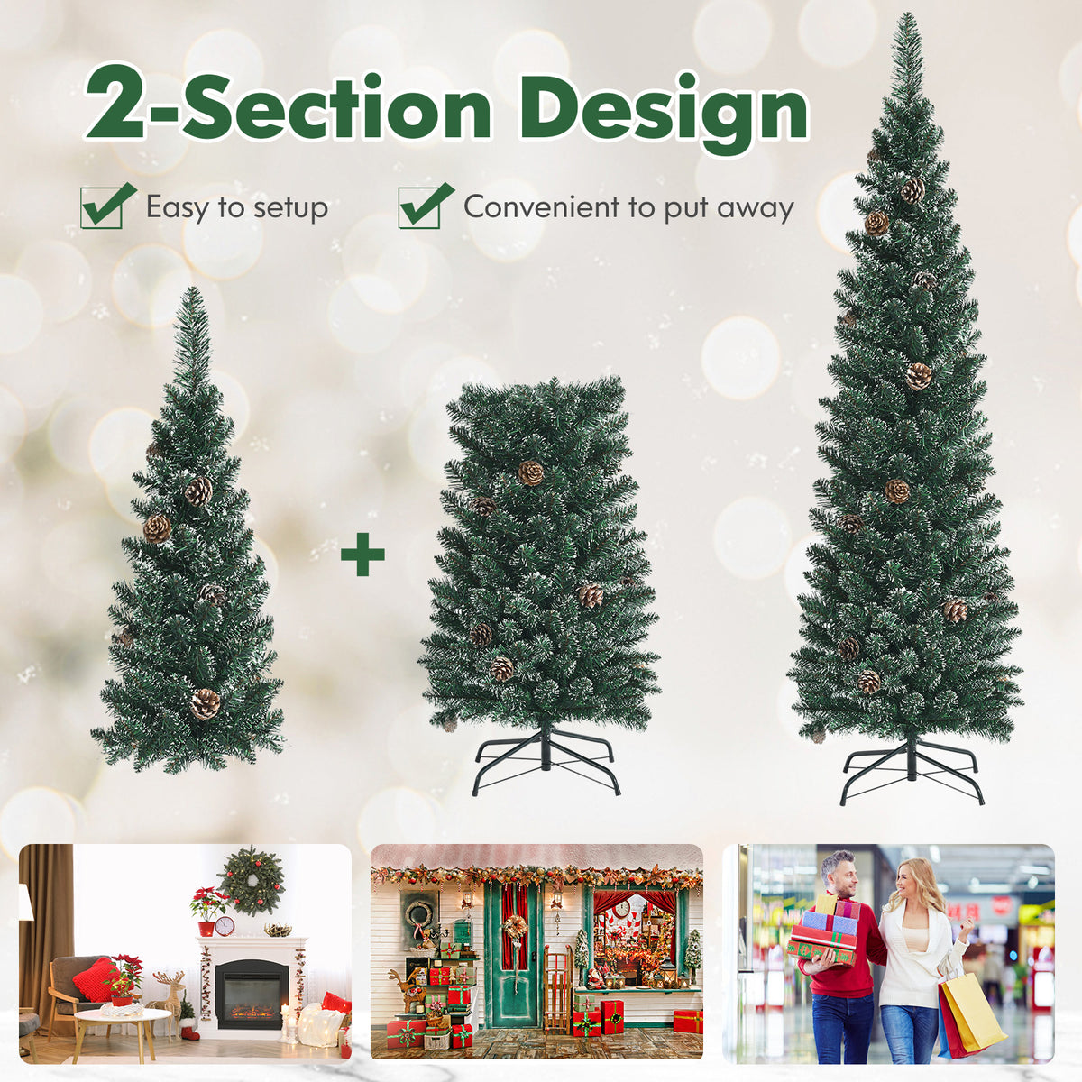 Snowy Artificial Pencil Christmas Tree with Pine Cones-5 ft