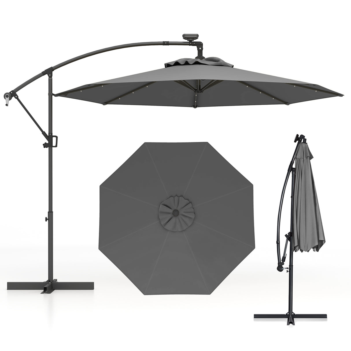 10 Feet 360 ° Rotation Solar Powered LED Patio Offset Umbrella without Weight Base-Gray