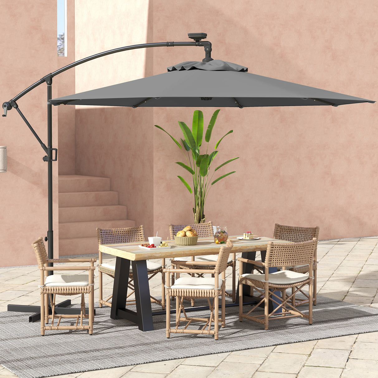 10 Feet 360 ° Rotation Solar Powered LED Patio Offset Umbrella without Weight Base-Gray