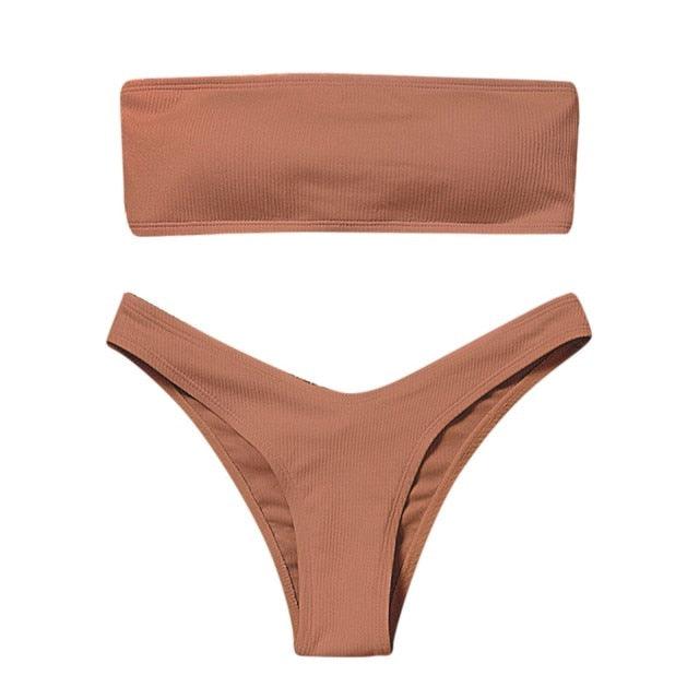 Solid Bikini Swimsuit Women Bikini Set Women Strapless Ribbed Bikini Set Lace Up High Cut Two Piece Swimsuit Bathing Suit Two Piece Tube Top Swimwear Female Bather Swimming Suit