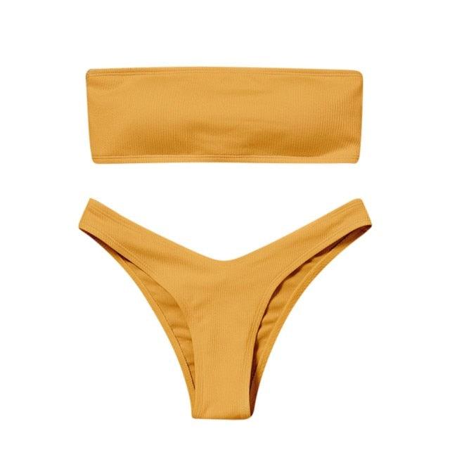 Solid Bikini Swimsuit Women Bikini Set Women Strapless Ribbed Bikini Set Lace Up High Cut Two Piece Swimsuit Bathing Suit Two Piece Tube Top Swimwear Female Bather Swimming Suit