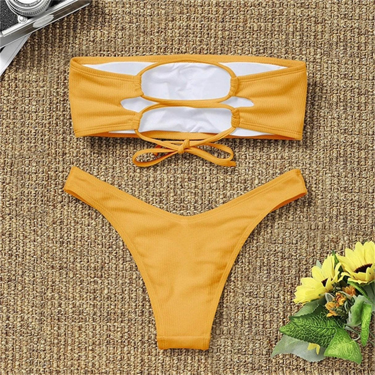 Solid Bikini Swimsuit Women Bikini Set Women Strapless Ribbed Bikini Set Lace Up High Cut Two Piece Swimsuit Bathing Suit Two Piece Tube Top Swimwear Female Bather Swimming Suit