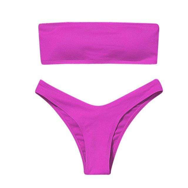 Solid Bikini Swimsuit Women Bikini Set Women Strapless Ribbed Bikini Set Lace Up High Cut Two Piece Swimsuit Bathing Suit Two Piece Tube Top Swimwear Female Bather Swimming Suit