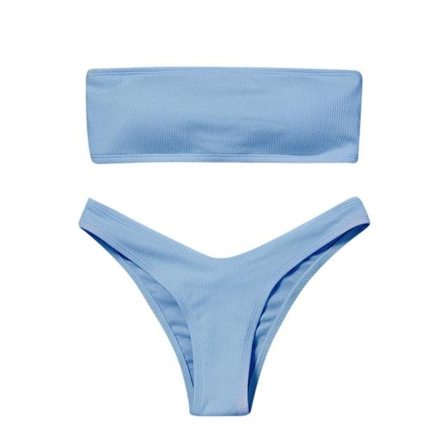 Solid Bikini Swimsuit Women Bikini Set Women Strapless Ribbed Bikini Set Lace Up High Cut Two Piece Swimsuit Bathing Suit Two Piece Tube Top Swimwear Female Bather Swimming Suit