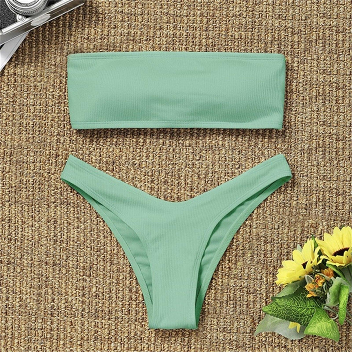 Solid Bikini Swimsuit Women Bikini Set Women Strapless Ribbed Bikini Set Lace Up High Cut Two Piece Swimsuit Bathing Suit Two Piece Tube Top Swimwear Female Bather Swimming Suit
