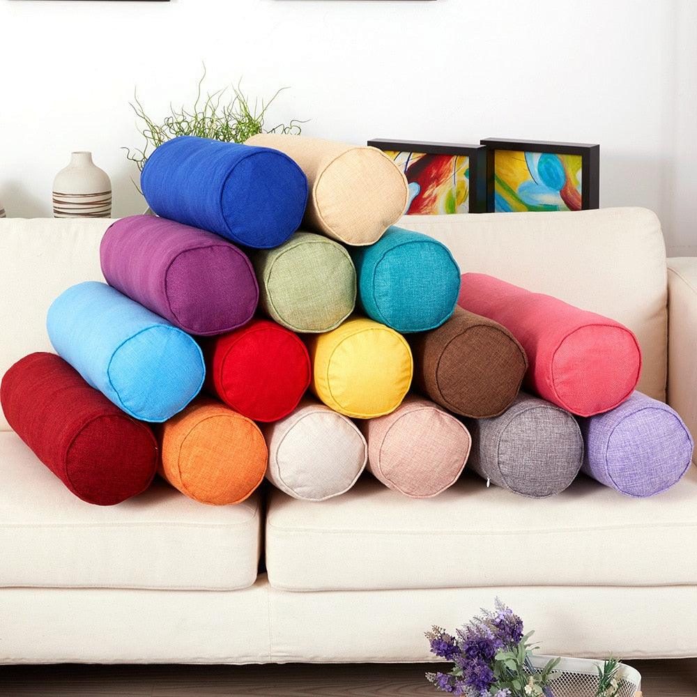 Solid Long Round Maternity Pillow Cotton linen Neck Headrest Body pillow Bed Chair Car Seat Backrest Sleeping Pillow Round Cervical Roll Cylinder Bolster Pillow with Removable Washable Cover, Ergonomically Designed for Head Neck Spine