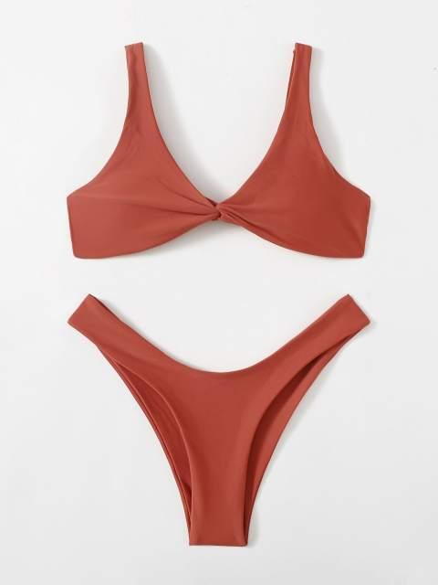 Solid Tie Bikini Padded Bra High Leg Bandage Push Up Bikini Set Brazilian Swimsuit Women Swimwear Rib Bikini Set High Cut Spaghetti Strap Two Piece Swimsuit Bathing Suit