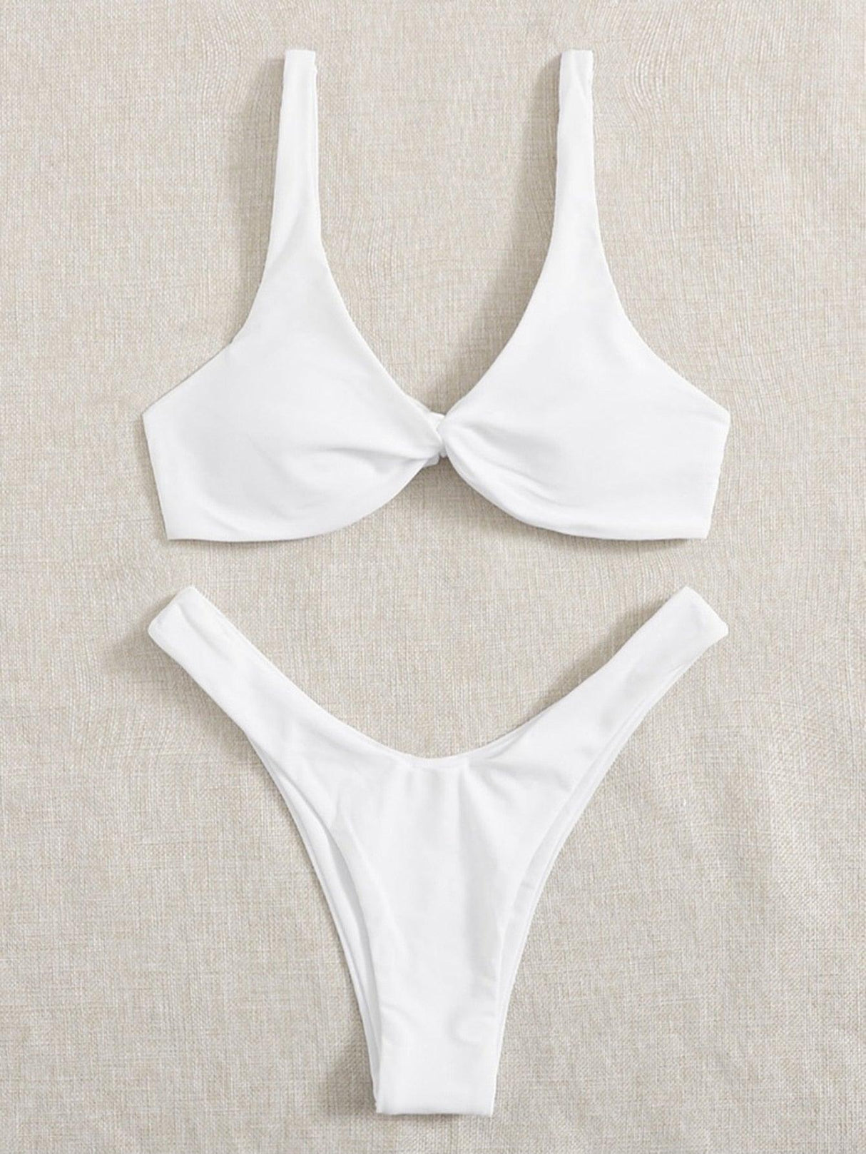 Solid Tie Bikini Padded Bra High Leg Bandage Push Up Bikini Set Brazilian Swimsuit Women Swimwear Rib Bikini Set High Cut Spaghetti Strap Two Piece Swimsuit Bathing Suit