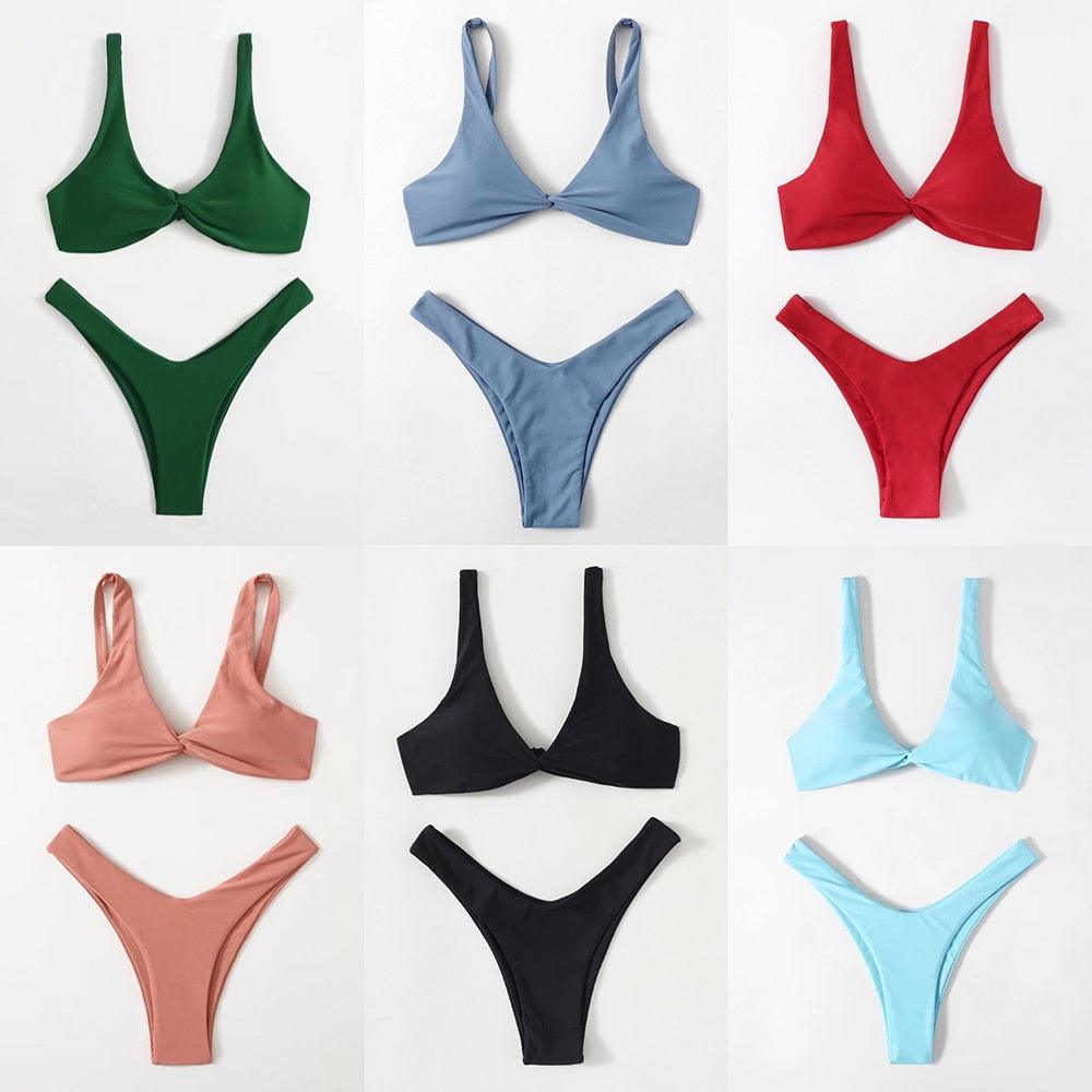 Solid Tie Bikini Padded Bra High Leg Bandage Push Up Bikini Set Brazilian Swimsuit Women Swimwear Rib Bikini Set High Cut Spaghetti Strap Two Piece Swimsuit Bathing Suit