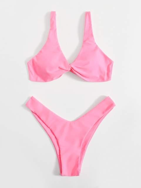Solid Tie Bikini Padded Bra High Leg Bandage Push Up Bikini Set Brazilian Swimsuit Women Swimwear Rib Bikini Set High Cut Spaghetti Strap Two Piece Swimsuit Bathing Suit
