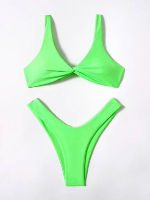 Solid Tie Bikini Padded Bra High Leg Bandage Push Up Bikini Set Brazilian Swimsuit Women Swimwear Rib Bikini Set High Cut Spaghetti Strap Two Piece Swimsuit Bathing Suit