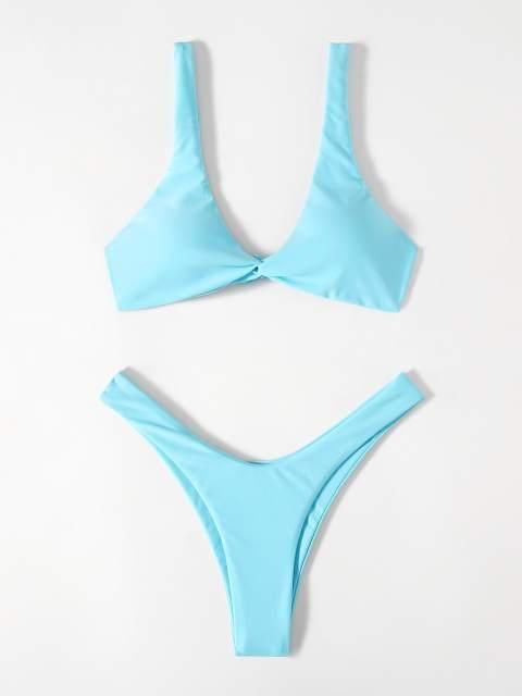 Solid Tie Bikini Padded Bra High Leg Bandage Push Up Bikini Set Brazilian Swimsuit Women Swimwear Rib Bikini Set High Cut Spaghetti Strap Two Piece Swimsuit Bathing Suit