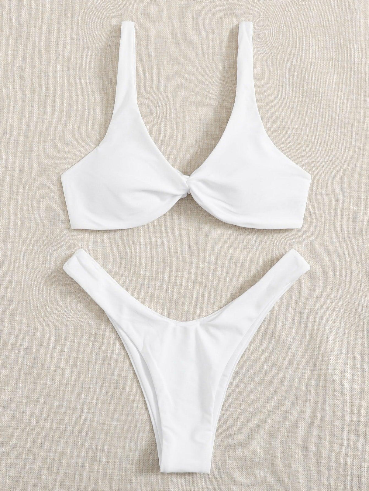 Solid Tie Bikini Padded Bra High Leg Bandage Push Up Bikini Set Brazilian Swimsuit Women Swimwear Rib Bikini Set High Cut Spaghetti Strap Two Piece Swimsuit Bathing Suit